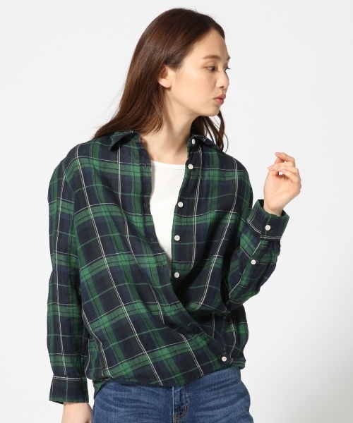 GLOBAL WORK（グローバルワーク）の「フレンチリネンチェックシャツ長袖/738305（シャツ/ブラウス・レディース・ブルー/ピンク/ホワイト/ネイビー・LARGE/MEDIUM/SMALL）」の16枚目の写真