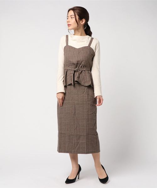 SUKALA チェッククロスレギンス チェックビスチェ S ベリー 上下セット お揃い】ヘリンボーンチェックフリルビスチェ+パンツセットアップ(80