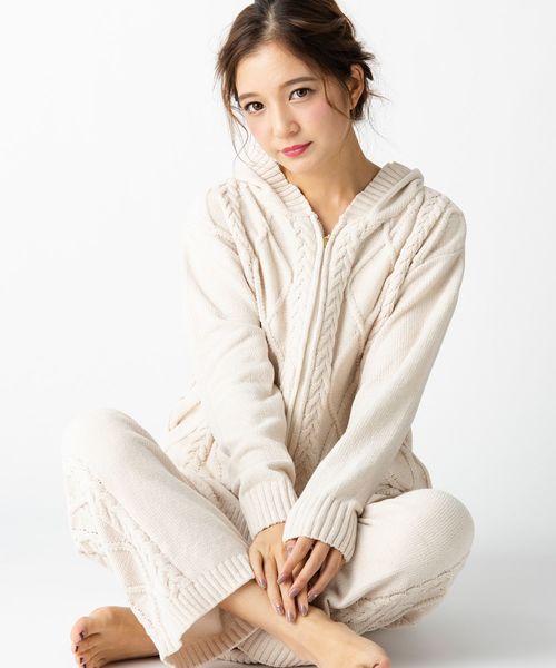 fran de lingerie（フランデランジェリー）の「teddy knit テディニット ケーブル編みロングパンツ（ルームウェア/パジャマ・レディース・モカ/オフホワイト/ピンク・M-L）」の11枚目の写真