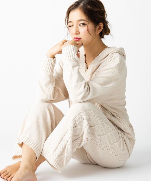 fran de lingerie（フランデランジェリー）の「teddy knit テディニット ケーブル編みロングパンツ（ルームウェア/パジャマ・レディース・モカ/オフホワイト/ピンク・M-L）」の17枚目の写真