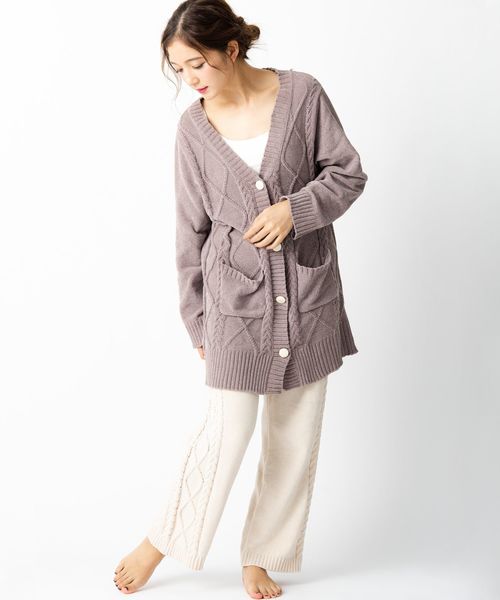 fran de lingerie（フランデランジェリー）の「teddy knit テディニット ケーブル編みロングパンツ（ルームウェア/パジャマ・レディース・モカ/オフホワイト/ピンク・M-L）」の8枚目の写真