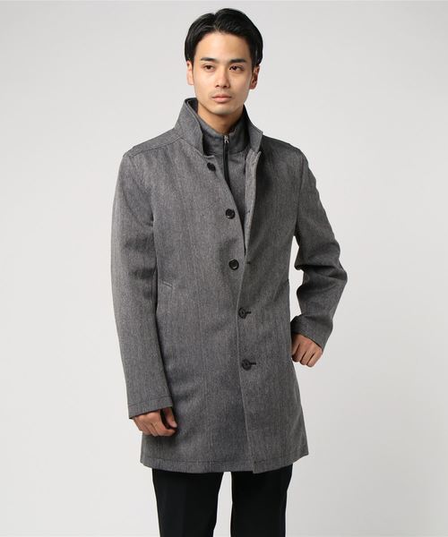 Taka Q タカキュー の タカキューメンズ Taka Q Men 撥水防風 ヘリンボンスタンドレイヤードコート グレー ステンカラーコート Wear