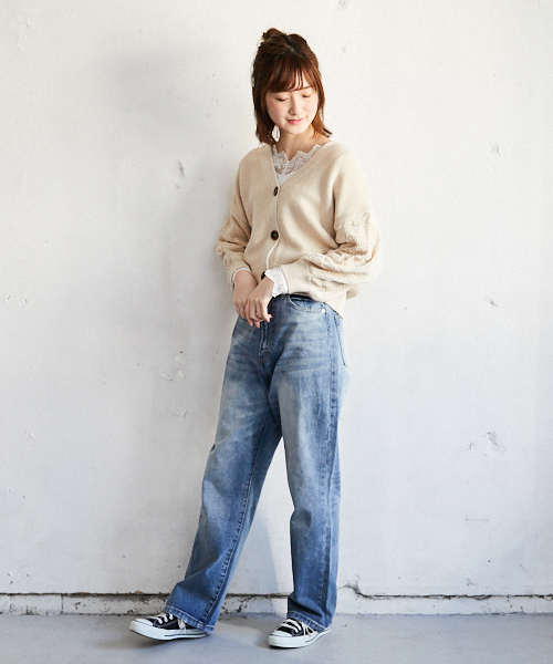 PairPair（ペアペア）の「袖透かし編みVネックカーディガン（カーディガン/ボレロ・レディース・ラベンダー/ライトベージュ・FREE）」の9枚目の写真