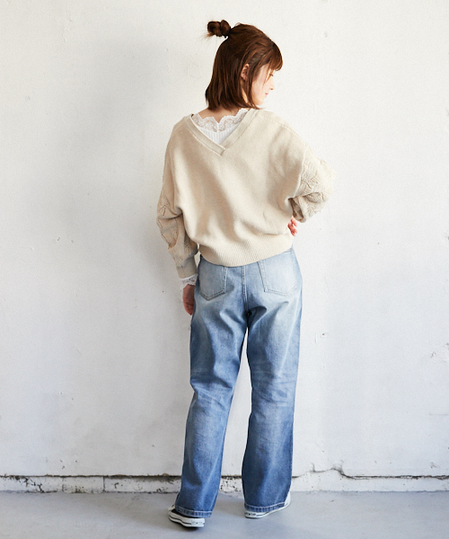 PairPair（ペアペア）の「袖透かし編みVネックカーディガン（カーディガン/ボレロ・レディース・ラベンダー/ライトベージュ・FREE）」の6枚目の写真