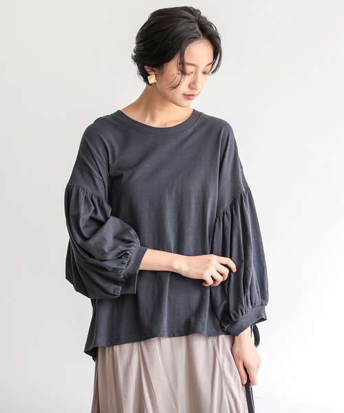 OMNES（オムネス）の「綿麻カット 袖ボリューム七分袖Tシャツ（Tシャツ/カットソー・レディース・ブラック/ブルーグレー/ブラウン/ベージュ/ネイビー/パープル/ホワイト・FREE）」の6枚目の写真