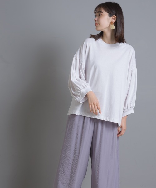 OMNES（オムネス）の「綿麻カット 袖ボリューム七分袖Tシャツ（Tシャツ/カットソー・レディース・ブラック/ブルーグレー/ブラウン/ベージュ/ネイビー/パープル/ホワイト・FREE）」の8枚目の写真