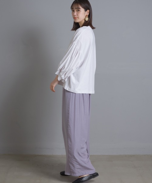 OMNES（オムネス）の「綿麻カット 袖ボリューム七分袖Tシャツ（Tシャツ/カットソー・レディース・ブラック/ブルーグレー/ブラウン/ベージュ/ネイビー/パープル/ホワイト・FREE）」の9枚目の写真