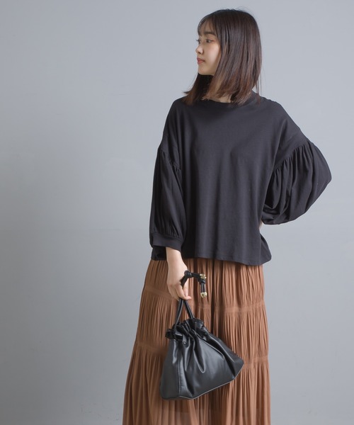 OMNES（オムネス）の「綿麻カット 袖ボリューム七分袖Tシャツ（Tシャツ/カットソー・レディース・ブラック/ブルーグレー/ブラウン/ベージュ/ネイビー/パープル/ホワイト・FREE）」の10枚目の写真