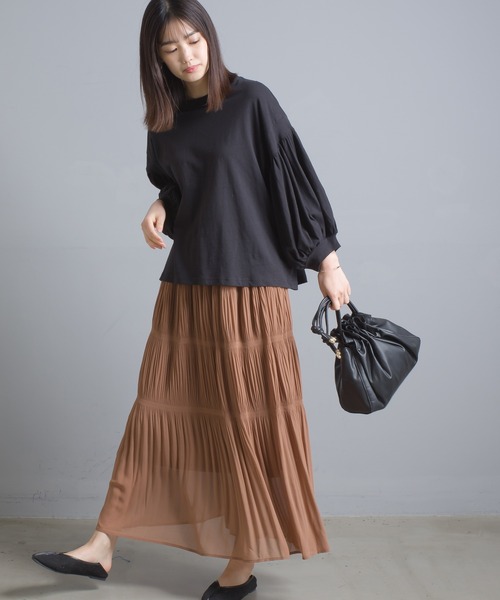 OMNES（オムネス）の「綿麻カット 袖ボリューム七分袖Tシャツ（Tシャツ/カットソー・レディース・ブラック/ブルーグレー/ブラウン/ベージュ/ネイビー/パープル/ホワイト・FREE）」の11枚目の写真