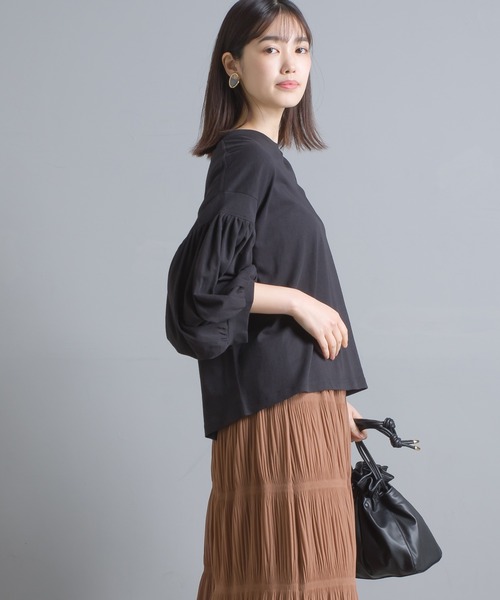 OMNES（オムネス）の「綿麻カット 袖ボリューム七分袖Tシャツ（Tシャツ/カットソー・レディース・ブラック/ブルーグレー/ブラウン/ベージュ/ネイビー/パープル/ホワイト・FREE）」の14枚目の写真