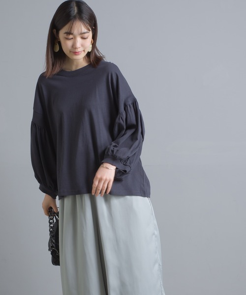 OMNES（オムネス）の「綿麻カット 袖ボリューム七分袖Tシャツ（Tシャツ/カットソー・レディース・ブラック/ブルーグレー/ブラウン/ベージュ/ネイビー/パープル/ホワイト・FREE）」の16枚目の写真