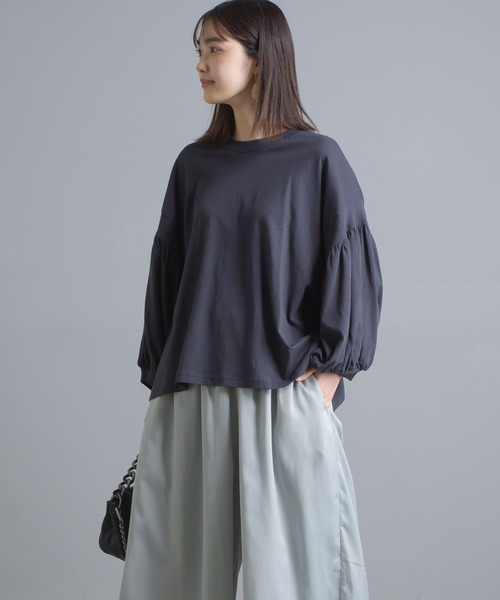 OMNES（オムネス）の「綿麻カット 袖ボリューム七分袖Tシャツ（Tシャツ/カットソー・レディース・ブラック/ブルーグレー/ブラウン/ベージュ/ネイビー/パープル/ホワイト・FREE）」の17枚目の写真