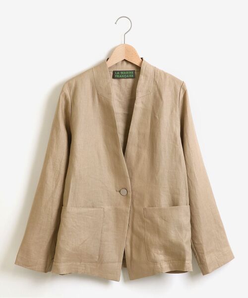 美品 INSCRIRE フレンチリネンノーカラージャケット LA MARINE