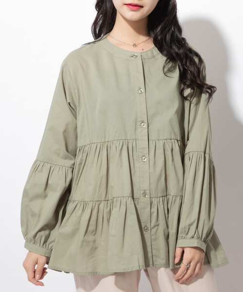 Mysa&Liina(ミーサリーナ)の「バンドカラーティアードブラウス(シャツ/ブラウス・レディース・ブラウン/ベージュ/カーキ/オフホワイト/ピンクベージュ・M)」の4枚目の写真