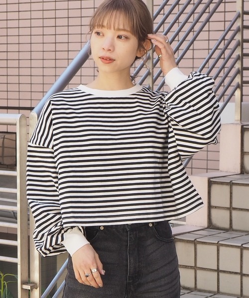 tiptop(ティップトップ)の「クルーネックショート丈ロンT(Tシャツ/カットソー・レディース・スミクロ/A/ブルー/オフホワイト/ダークブルー・FREE)」の5枚目の写真