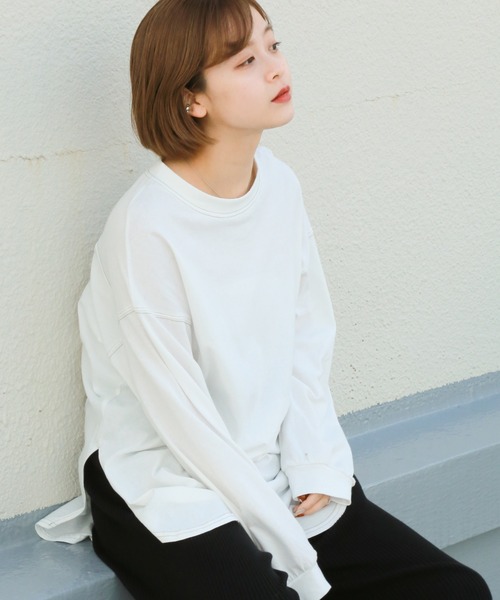 libelle more(リベル モア)の「OE天竺配色ステッチオーバーサイズTシャツ/ロンT(Tシャツ/カットソー・レディース・オフホワイト/ブラック/ブラウン/ピンクベージュ・M/L)」の9枚目の写真