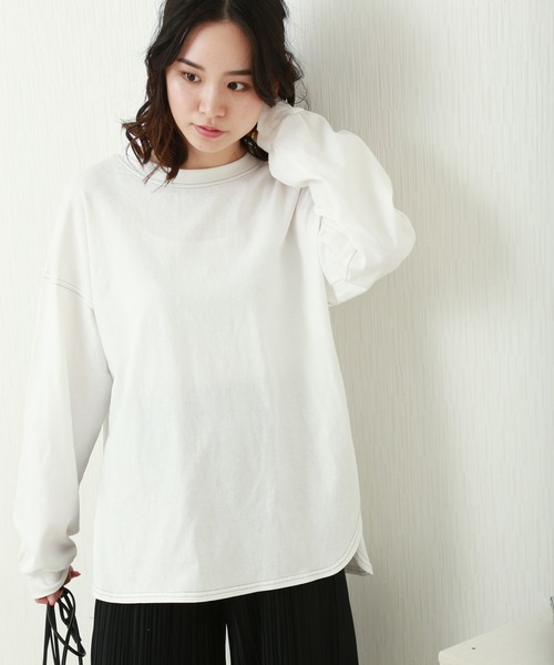 libelle more(リベル モア)の「OE天竺配色ステッチオーバーサイズTシャツ/ロンT(Tシャツ/カットソー・レディース・オフホワイト/ブラック/ブラウン/ピンクベージュ・M/L)」の7枚目の写真