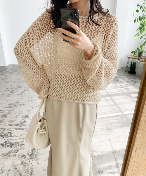 ライムグリーン クロップドニットメッシュ クールカレアン ショート丈