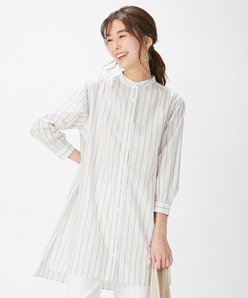 J.PRESS(ジェイプレス)の「【洗える】BEZ コットンリネン ストライプ チュニック ブラウス(シャツ/ブラウス・レディース・カーキ系1/ベージュ系1・T13/T15)」の1枚目の写真