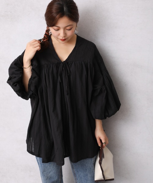 【美品】セオリーリュクス コンビブラウス スモックギャザーボリューム袖ブラック黒 セール】袖ボリュームスモックブラウス【ZOZO限定アイテム】（シャツ