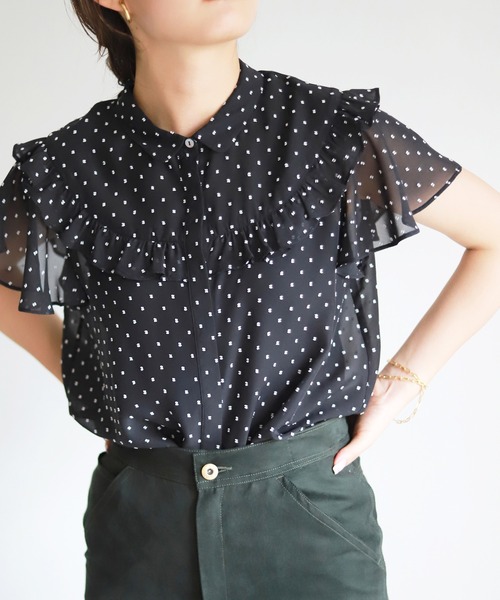 SLOBE IENA ドット柄長袖ブラウス 白黒 前後2way 透け感 リボン SLOBE IENA（スローブイエナ）の「《追加予約》ドットフロント