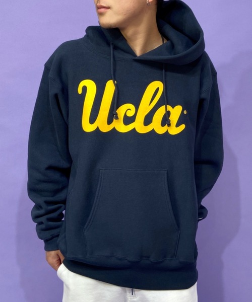 UCLA/L/青単色タグ復刻/カリフォルニア大学/チャンピオン/パーカー/ブルー 90's 刺繍タグ チャンピオンRWパーカ ''UCLA'' 刺繍ロゴ 表記(XL