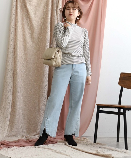 palm RICHE(ポームリシュ)の「起毛ボーダーパワーショルダートップス(Tシャツ/カットソー・レディース・ブラック/オフホワイト/グリーン/キャメル・M)」の11枚目の写真