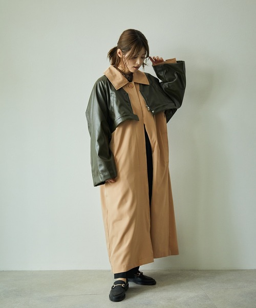 ECRIRE（エクリール）の「【yun_wearコラボ】フェイクレザーショートブルゾン＋フレアロングコートセット（ステンカラーコート・レディース・ベージュ/ブラウン/カーキ/アイボリー・M）」の12枚目の写真
