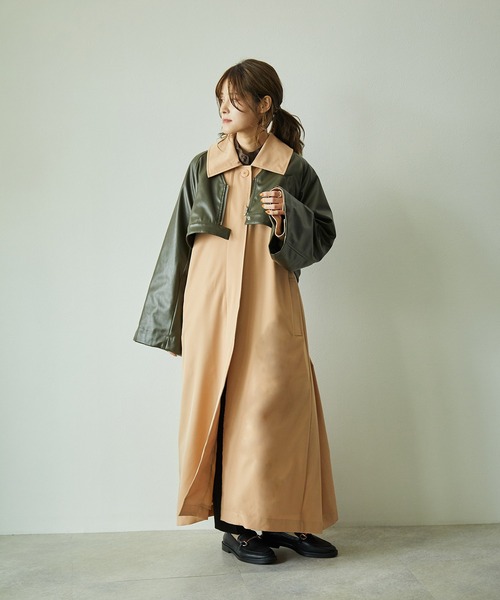ECRIRE（エクリール）の「【yun_wearコラボ】フェイクレザーショートブルゾン＋フレアロングコートセット（ステンカラーコート・レディース・ベージュ/ブラウン/カーキ/アイボリー・M）」の16枚目の写真