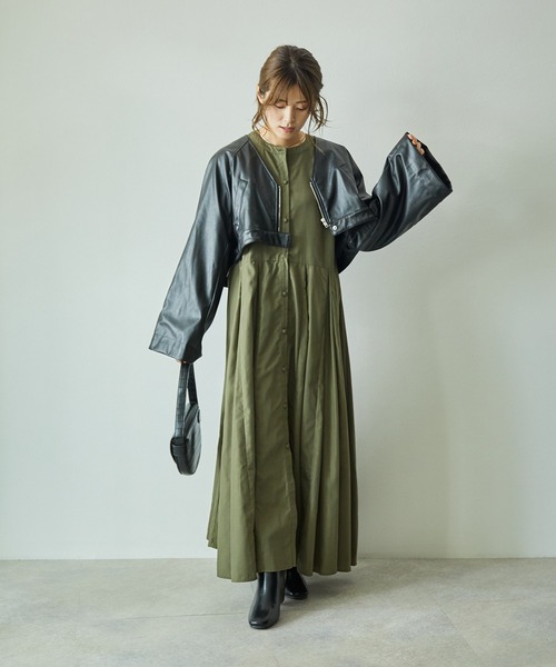 ECRIRE（エクリール）の「【yun_wearコラボ】フェイクレザーショートブルゾン＋フレアロングコートセット（ステンカラーコート・レディース・ベージュ/ブラウン/カーキ/アイボリー・M）」の15枚目の写真