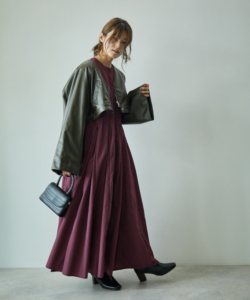 ECRIRE（エクリール）の「【yun_wearコラボ】フェイクレザーショートブルゾン＋フレアロングコートセット（ステンカラーコート・レディース・ベージュ/ブラウン/カーキ/アイボリー・M）」の9枚目の写真