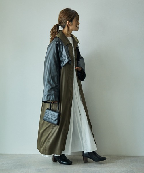 ECRIRE（エクリール）の「【yun_wearコラボ】フェイクレザーショートブルゾン＋フレアロングコートセット（ステンカラーコート・レディース・ベージュ/ブラウン/カーキ/アイボリー・M）」の13枚目の写真