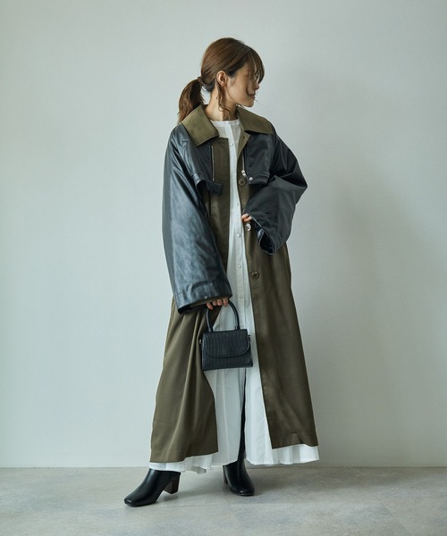 ECRIRE（エクリール）の「【yun_wearコラボ】フェイクレザーショートブルゾン＋フレアロングコートセット（ステンカラーコート・レディース・ベージュ/ブラウン/カーキ/アイボリー・M）」の17枚目の写真