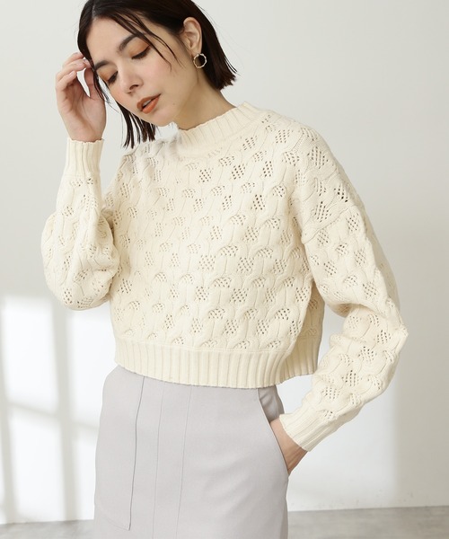 N.（N. Natural Beauty Basic）（エヌエヌナチュラルビューティーベーシック）の「◆柄編みクロップドニット（ニット/セーター・レディース・ピンク/オフホワイト/ダークグリーン・MEDIUM）」の2枚目の写真