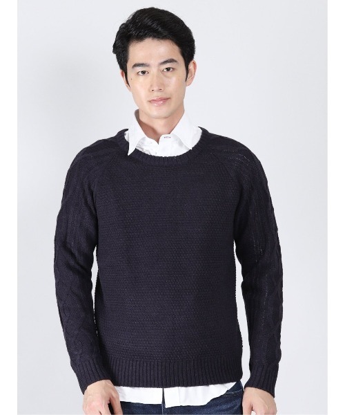 Alexander Julian（アレキサンダージュリアン）の「アレキサンダージュリアンメンズ/ALEXANDER JULIAN：MEN　ウォッシャブル ウール混ポップコーン クルーニット（ニット/セーター・メンズ・ネイビー/アイボリー・X-LARGE/LARGE/MEDIUM）」の2枚目の写真