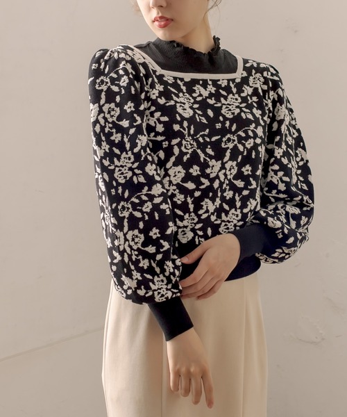 OLIVE des OLIVE（オリーブデオリーブ）の「【WEB限定】お花ふくれジャガードニット（ニット/セーター・レディース・ブラック/サックスブルー/アイボリー/グレー・FREE）」の2枚目の写真