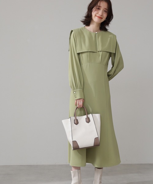 N.（N. Natural Beauty Basic）（エヌエヌナチュラルビューティーベーシック）の「◆スクエアカラーウエストタックワンピース（ワンピース・レディース・ライトグリーン/モカ/ナチュラル・MEDIUM）」の3枚目の写真