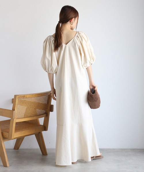 ワンピース ロング丈 ボリューム袖 マーメイドワンピース フレア ボリューム袖マーメイドワンピース[品番：PA000013468]｜coca