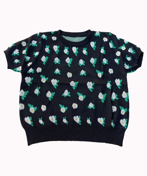 Amulet(アミュレット)の「花柄ショート丈ニットトップス(Tシャツ/カットソー・レディース・ブルー/グリーン/ブラック/ホワイト・FREE)」の6枚目の写真