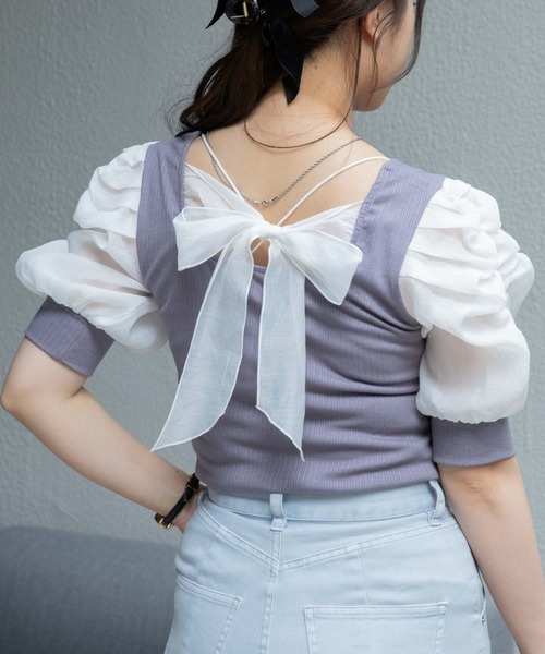 WEGO（ウィゴー）の「WEGO/バックリボンパフスリーブトップス（Tシャツ/カットソー・レディース・アイボリー/ブラック/パープル系その他・FREE）」の2枚目の写真