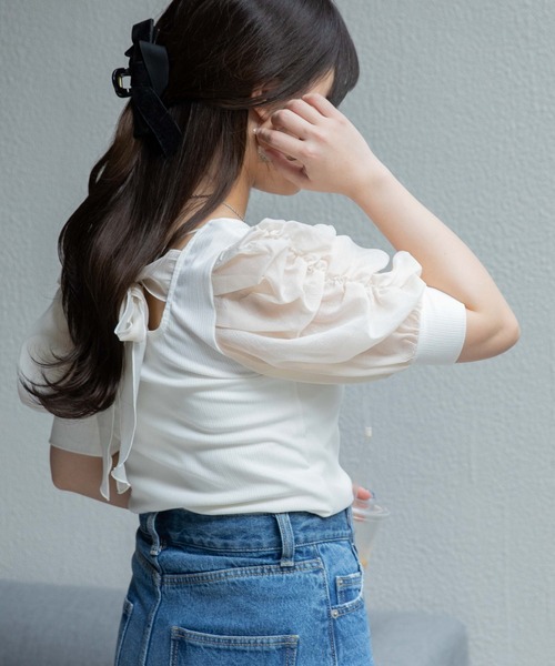 WEGO（ウィゴー）の「WEGO/バックリボンパフスリーブトップス（Tシャツ/カットソー・レディース・アイボリー/ブラック/パープル系その他・FREE）」の4枚目の写真