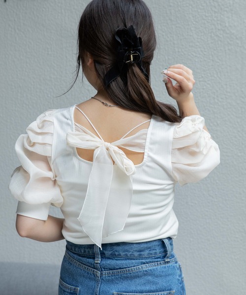 WEGO（ウィゴー）の「WEGO/バックリボンパフスリーブトップス（Tシャツ/カットソー・レディース・アイボリー/ブラック/パープル系その他・FREE）」の5枚目の写真