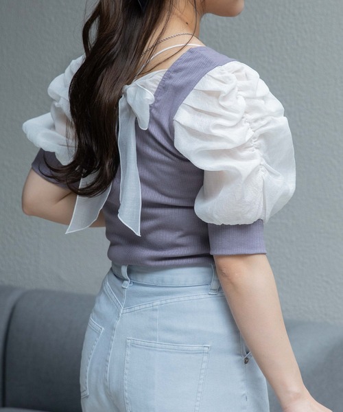 WEGO（ウィゴー）の「WEGO/バックリボンパフスリーブトップス（Tシャツ/カットソー・レディース・アイボリー/ブラック/パープル系その他・FREE）」の11枚目の写真