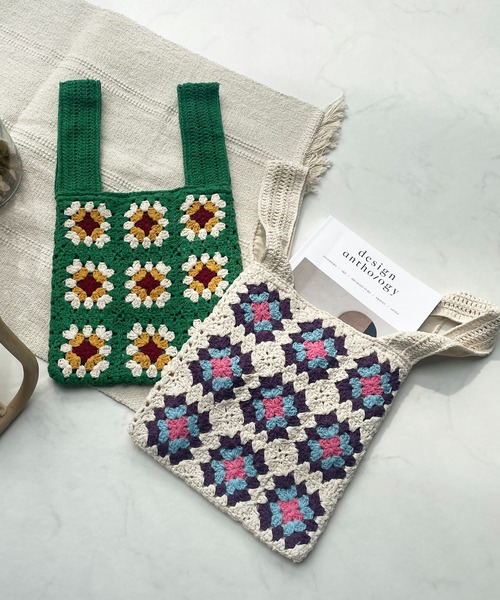 AS KNOW AS plus（アズノゥアズプラス）の「●レトロクロシェトートバッグ（トートバッグ・レディース・アイボリー/ブラック/グリーン・FREE）」の5枚目の写真