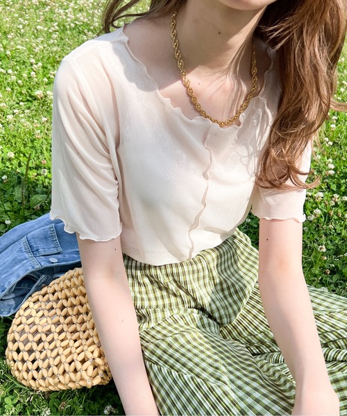 Ambre Ciel（アンブルシエル）の「シアーメロー半袖トップス／【WEB/EC限定商品】（Tシャツ/カットソー・レディース・ブラック/ピンク/ライトグリーン/アイボリー・FREE）」の7枚目の写真