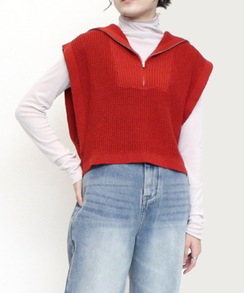 STYLEBLOCK（スタイルブロック）の「ワッフルニットハーフジップショートトップス（ニット/セーター・レディース・グリーン/オレンジ/ブラック/オフホワイト・M）」の4枚目の写真