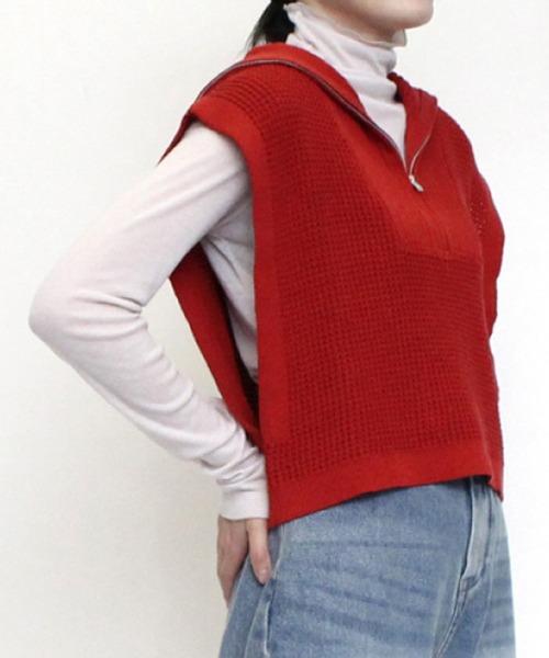 STYLEBLOCK（スタイルブロック）の「ワッフルニットハーフジップショートトップス（ニット/セーター・レディース・グリーン/オレンジ/ブラック/オフホワイト・M）」の7枚目の写真