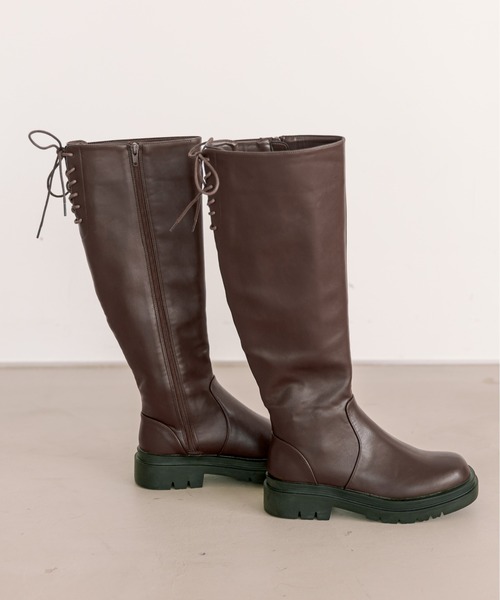 OLIVE des OLIVE（オリーブデオリーブ）の「バックレースアップロングブーツ（ブーツ・レディース・ブラック/ダークブラウン・SMALL/MEDIUM/LARGE）」の4枚目の写真