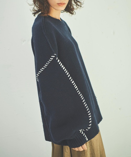 OUTERSUNSET(アウターサンセット)の「hand stitch volume sleeve knit(ニット/セーター・レディース・ベージュ/ネイビー・FREE)」の6枚目の写真
