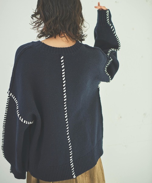 OUTERSUNSET(アウターサンセット)の「hand stitch volume sleeve knit(ニット/セーター・レディース・ベージュ/ネイビー・FREE)」の12枚目の写真